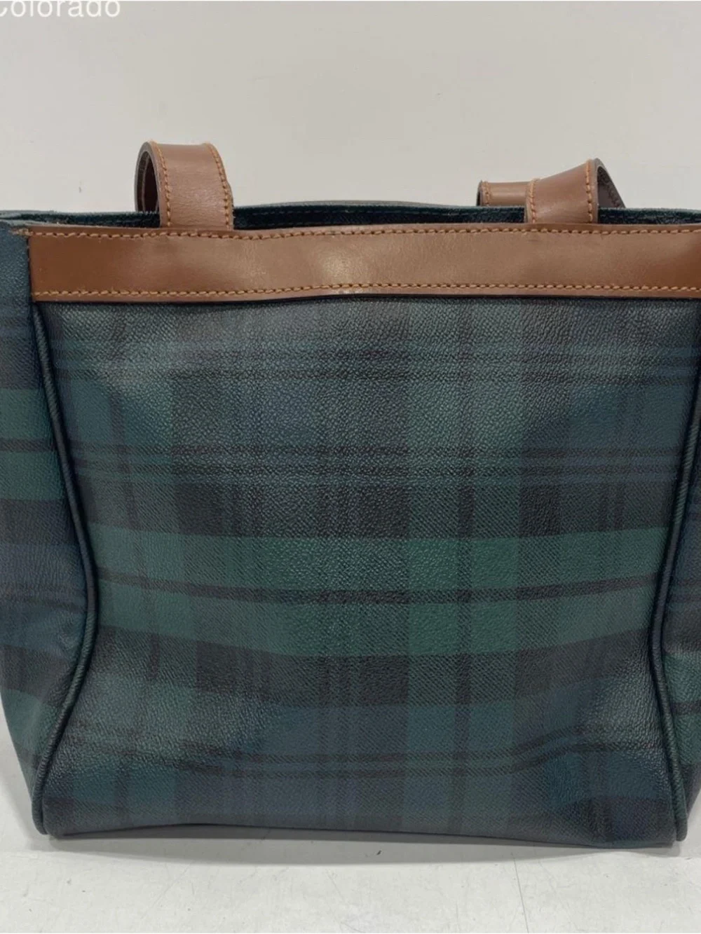 Vintage Polo Ralph Lauren blackwatch tartan navy green Plaid Tote Brown Leather